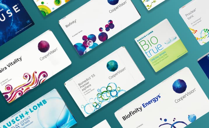 Grid of colorful top brands of contact lens boxes on a teal background.