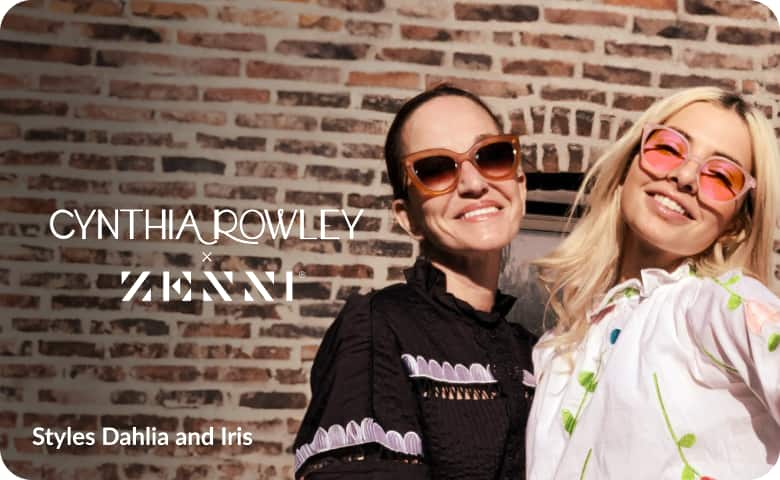 Fashion designer Cynthia Rowley wears Zenni x Cynthia Rowley Dahlia sunglasses #4445615 with gradient amber tint and daughter Kit Keenan wears Iris sunglasses #4446419 with rose fashion tint.