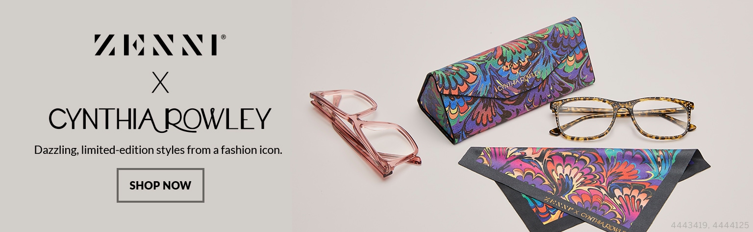 Zenni x Cynthia Rowley tortoiseshell square glasses #4444125 with micro studs, and translucent pink square glasses #4443419 with special Zenni x Cynthia Rowley multi-colored deluxe tri-fold case and matching lens cloth.