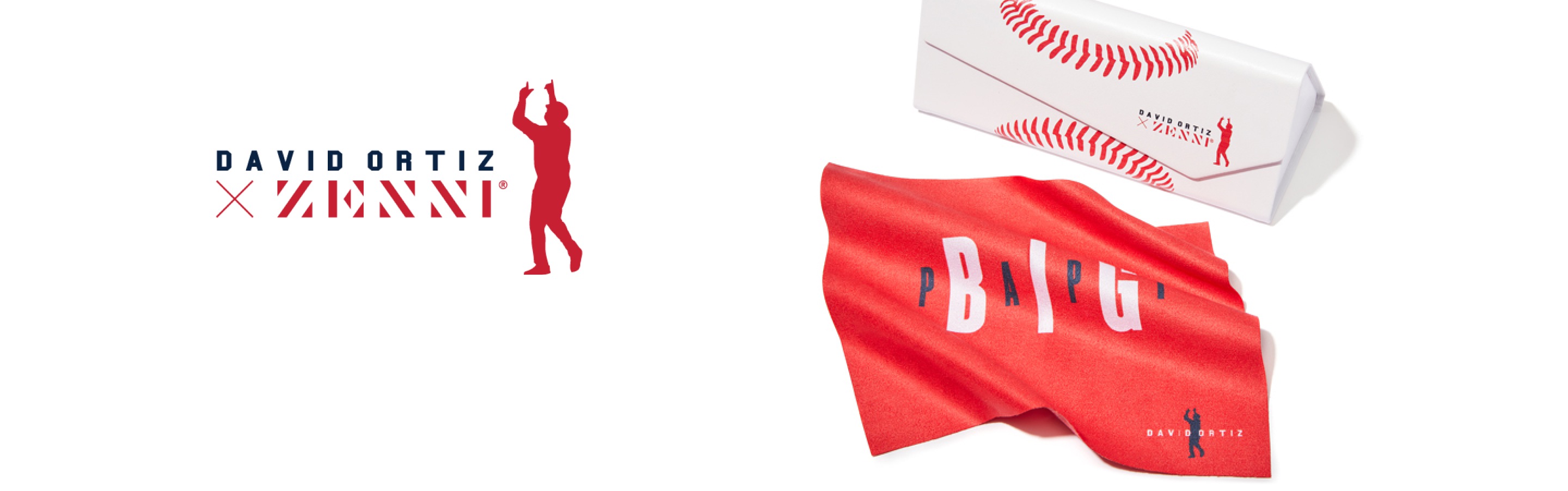 Image of a David Ortiz x Zenni collection case and cleaning cloth against a white background.