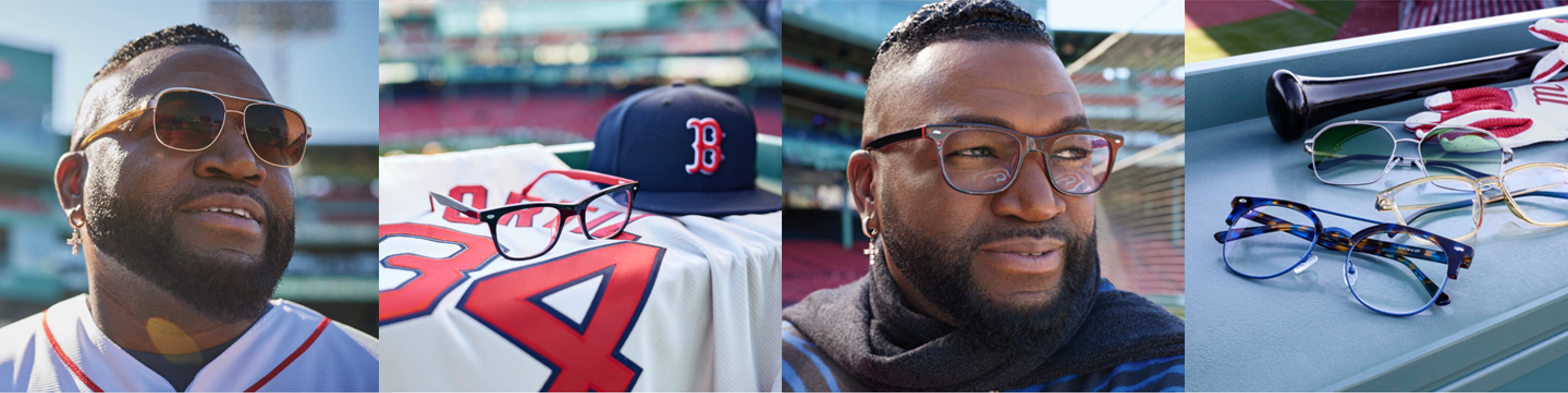 Image of David Ortiz wearing Zenni sunglasses, looking out onto the baseball field; Image of a Boston Red Sox jersey and hat that belong to David Ortiz, with a pair of Zenni glasses resting on them; Image of David Ortiz wearing Zenni glasses and a turtleneck sweater; Image of a variety of David Ortiz x Zenni collection glasses placed on a dugout table.