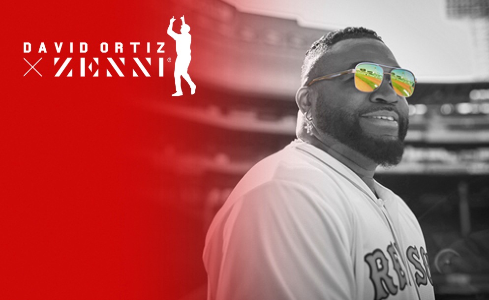 Image of David Ortiz wearing Zenni sunglasses in black and white, with color in the mirror lenses.