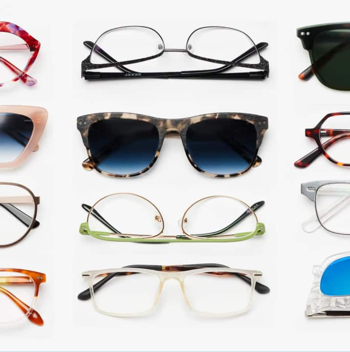 Collection of various eyeglasses and sunglasses displayed in a grid. The collection includes different styles, such as cat-eye, rectangular, round, and aviator frames in various colors and patterns.