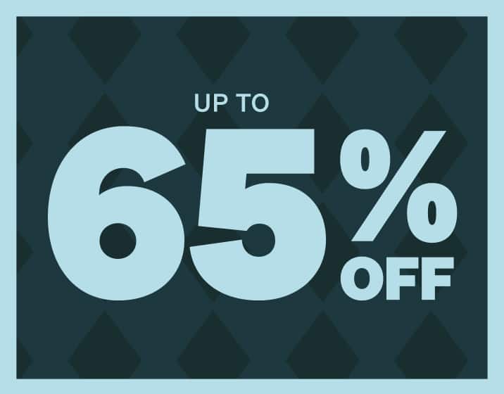 Promotional banner featuring a dark green diamond pattern background. The text in large, bold light blue letters reads: 'UP TO 65% OFF.’