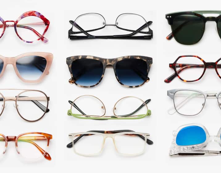 Collection of various eyeglasses and sunglasses displayed in a grid. The collection includes different styles, such as cat-eye, rectangular, round, and aviator frames in various colors and patterns.