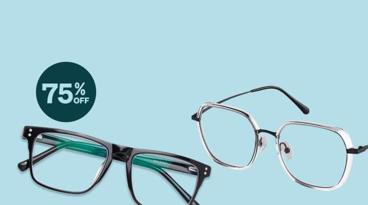 Promotional banner for a 75% off deal. The banner features two pairs of eyeglasses on a light blue background: a bold black rectangular frame with green accents and a silver round frame with black temples. The text reads: '75% OFF' and 'Today's Deal' with a countdown timer. 