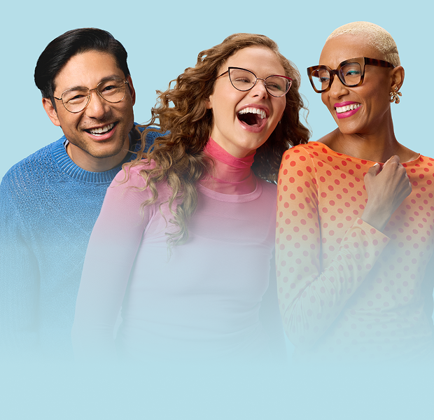 Three smiling models wearing Zenni glasses in different styles against a light teal backdrop.