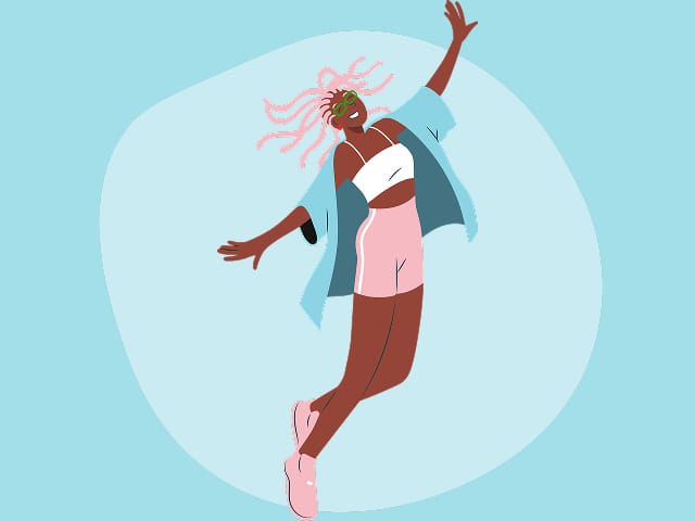 A woman with brown skin and pink hair, leaping up with her arms flung up and out. Light blue background.