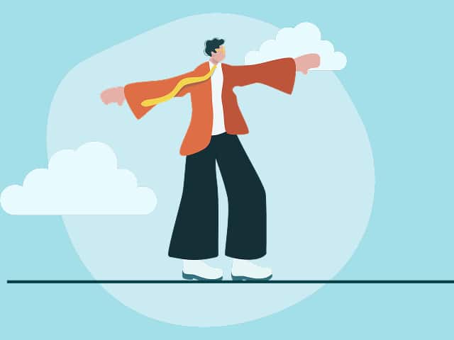 A person wearing a yellow tie and an oversized cardigan, walking a tightrope surrounded by clouds.