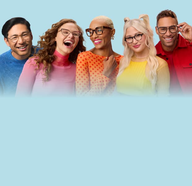 Five diverse people in colorful clothing smile and laugh while showcasing a variety of eyewear including gold aviators, rose gold cat-eye frames, and polka-dot glasses against a light blue background.