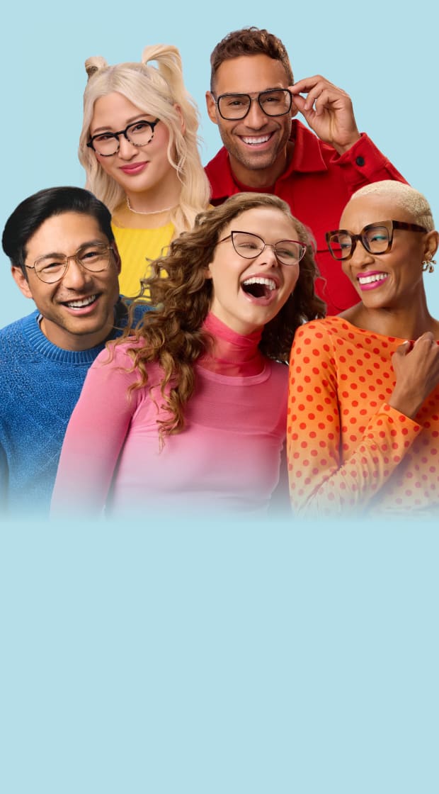 Five diverse people in colorful clothing smile and laugh while showcasing a variety of eyewear including gold aviators, rose gold cat-eye frames, and polka-dot glasses against a light blue background.