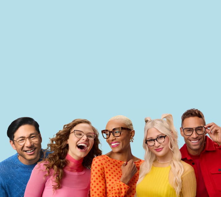 Three diverse people wearing different Zenni frame styles against light blue backdrop.