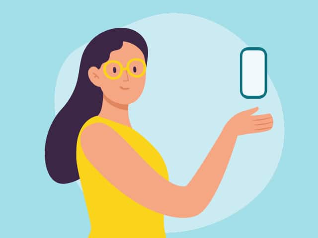 Illustrated woman with long dark hair wearing yellow glasses and holding a smartphone for a selfie.