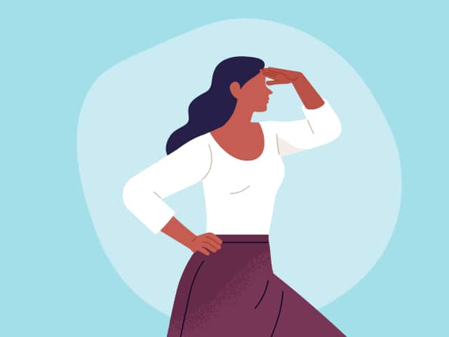 Illustrated woman with dark hair and maroon skirt looking into the distance, hand raised to forehead.