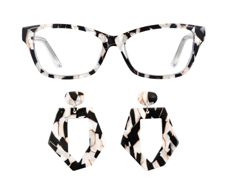 Image of Zenni cat-eye glasses #4424831 and earrings #A750000135.