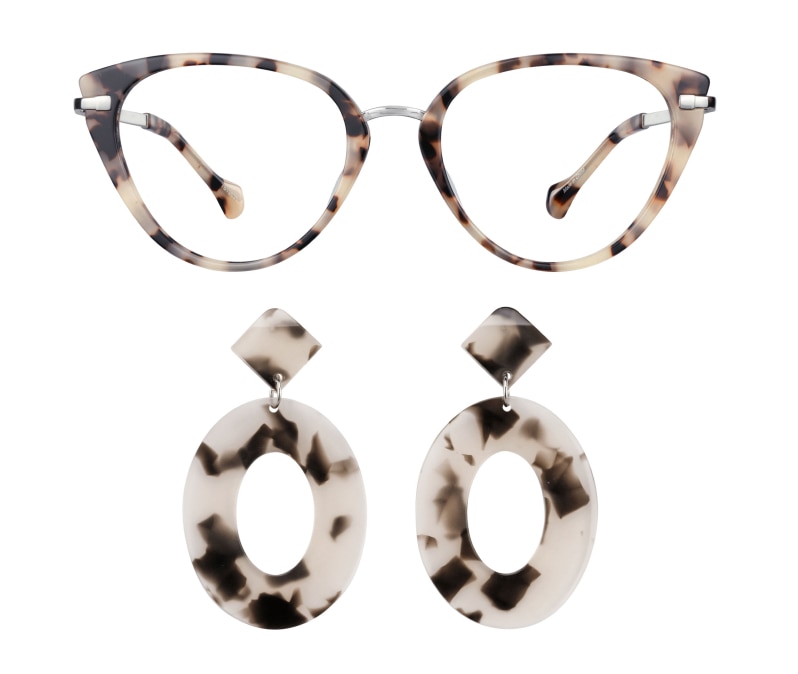 Image of zenni cat-eye glasses #7819635 next to earrings #A750000235.