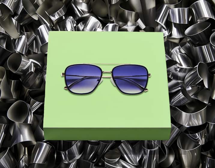 EcoBloomz aviator eco-friendly sunglasses (style 1152221) with stainless steel background.
