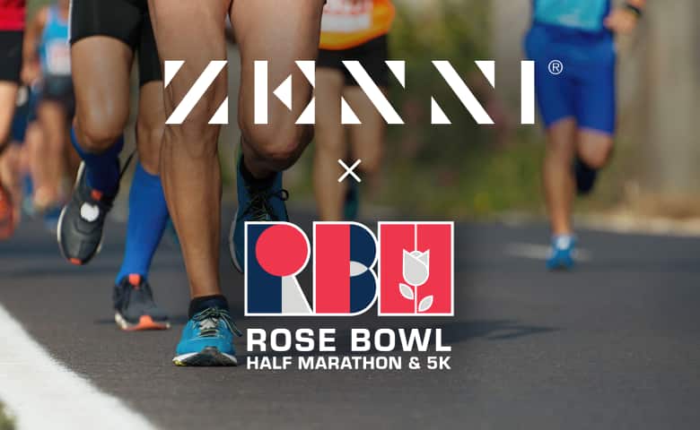 The Zenni logo and the Rose Bowl Half Marathon & 5K logo (stylized RBH including the silhouette of a rose) over an image of a group of runners from the knees down.