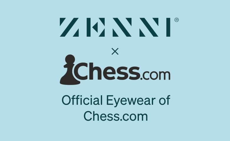 The Zenni logo and the Chess.com logo (with a pawn icon) on a light blue background.