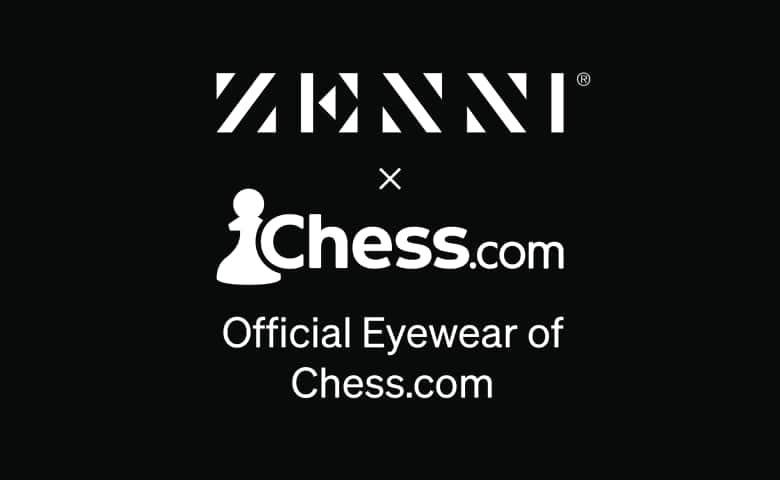 The Zenni logo and the Chess.com logo (with a pawn icon) on a black background.