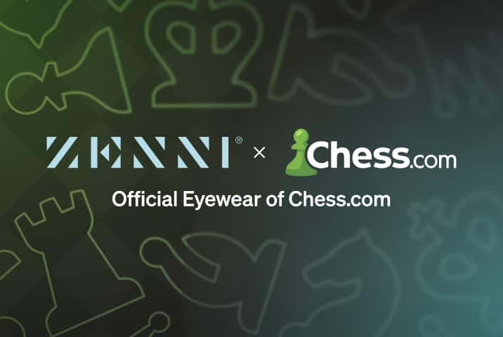 The Zenni logo and the Chess.com logo (with a pawn icon) on a black background.