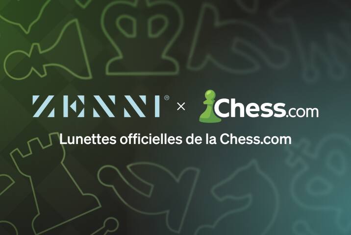 Le logo Zenni et le logo Chess.com (avec une icône de pion) sur un fond noir.