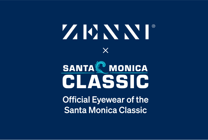 The Zenni logo and the Santa Monica Classic logo (White letters with a light blue colored icon of a large wave), on a dark blue colored background.