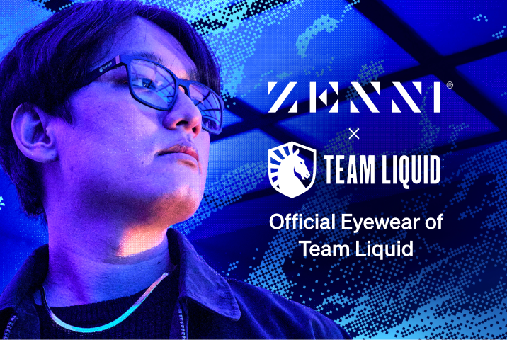 The Zenni logo and the Team Liquid logo (horse in shield illustration next to stylized white type), next to a male gamer's headshot looking to the right, over a bright blue and textured background.