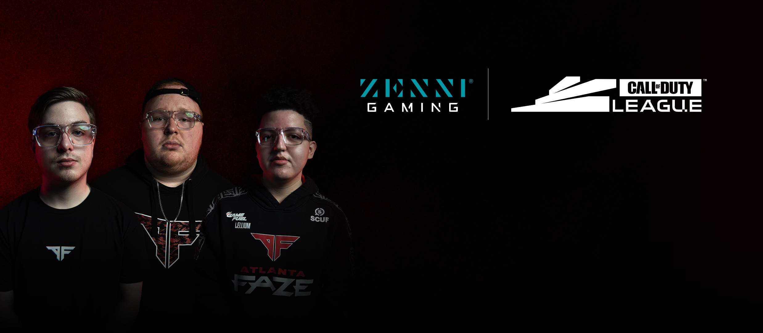 Call of Duty League and Zenni gaming. Image of three members of the Call of Duty League esports team Atlanta FaZe wearing Zenni x CDL clear square glasses #84448723.