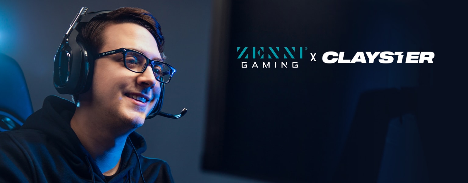 Zenni gaming and Clayster logo. Image of Clayster wearing Zenni black rectangle glasses #85612921 with their name engraved on the frame.