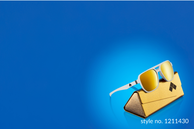 White sunglasses with gold lenses feature EVO logo on the frame arms, resting on a metallic gold EVO case against a blue background. Style no. 1211430.