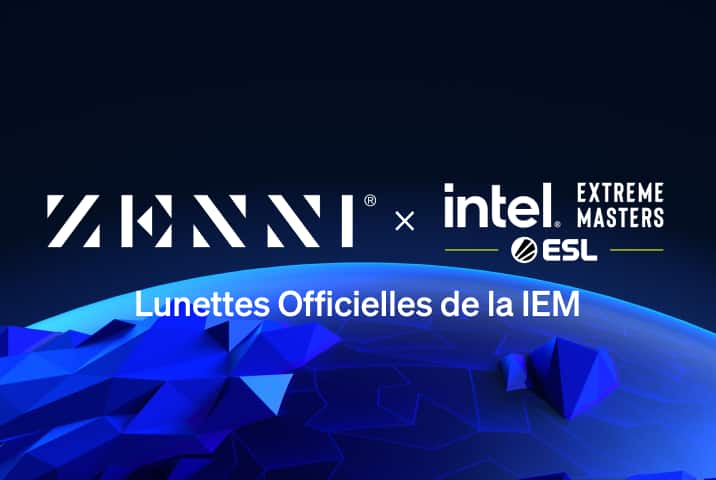 Le logo Zenni et le logo IEM (lettres blanches au-dessus du logo ESL), sur une illustration stylisée de la crête d'une sphère planétaire sur fond bleu foncé.
