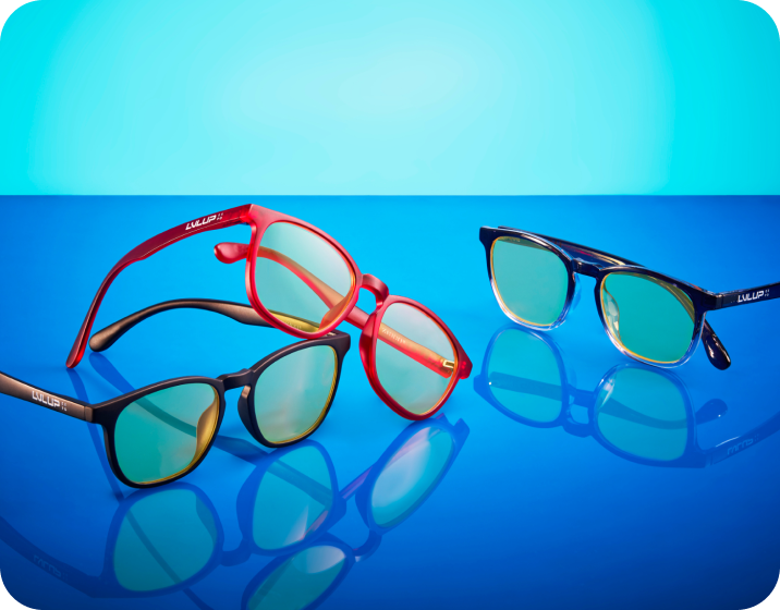 Black, red, and ombre LVLUP-branded glasses frames.