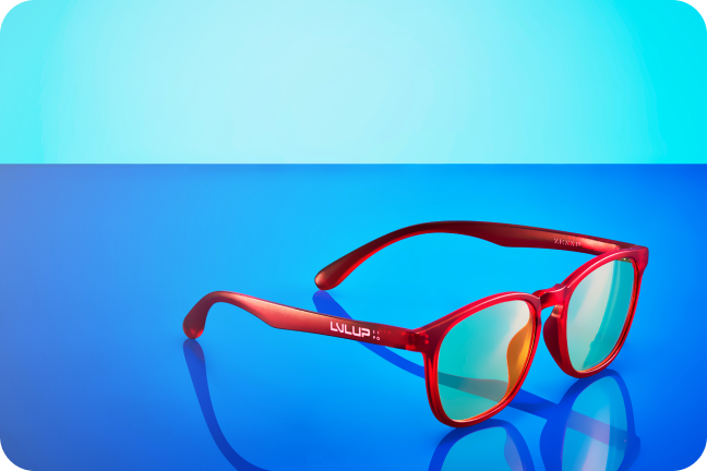 Red LVLUP-branded square frame glasses.