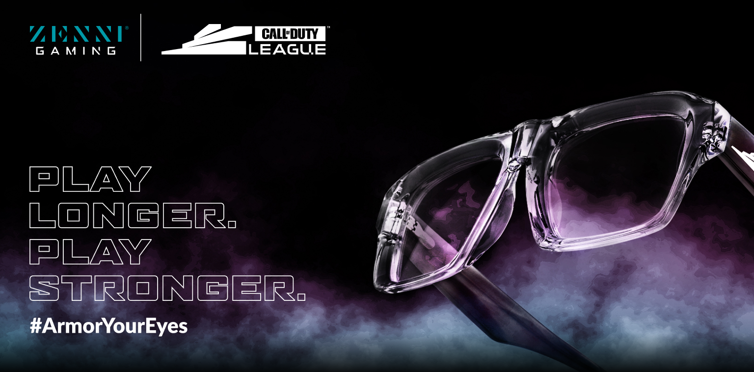 Zenni Gaming logo. Call of Duty League Logo. Image of Zenni clear rectangle glasses with CDL logo engraved on temple arm, against a black background, surrounded by colorful fog.