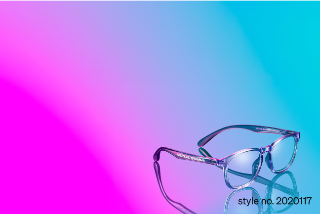 Purple translucent gaming glasses style 2020117 rest on a reflective surface against a vibrant pink-to-blue gradient background.