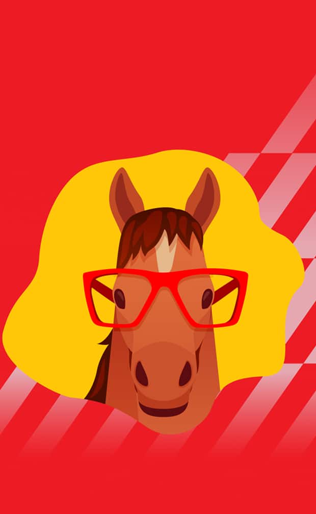 Illustration of a horse wearing red Zenni eyeglasses on a yellow and red festive background.