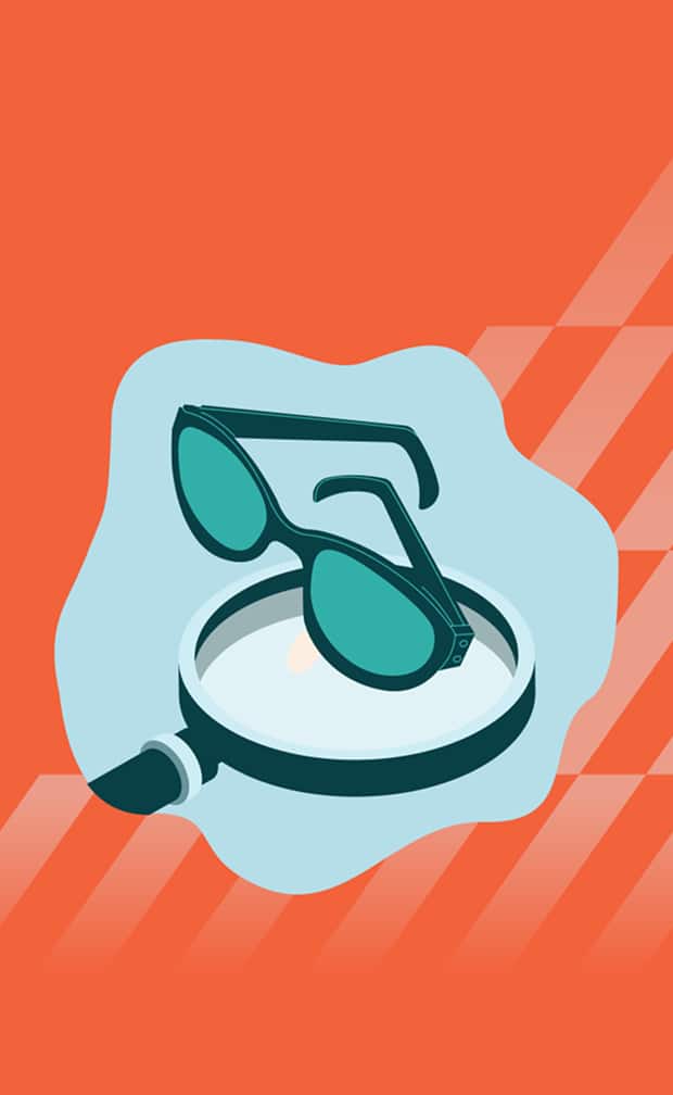 Illustration of teal Zenni eyeglasses resting on a magnifying glass.