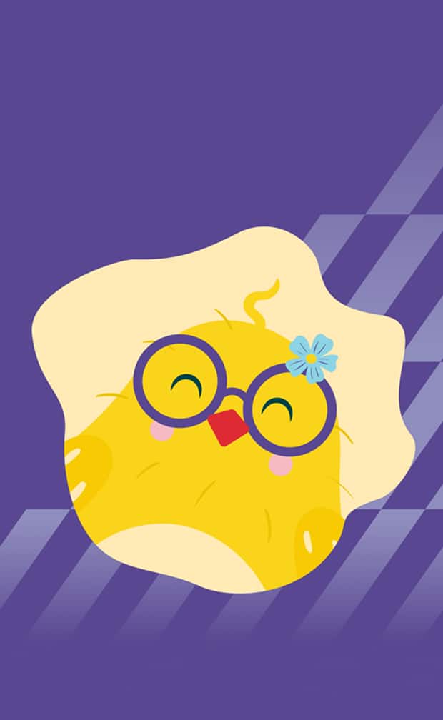 Illustration of a yellow baby chick wearing purple round glasses.