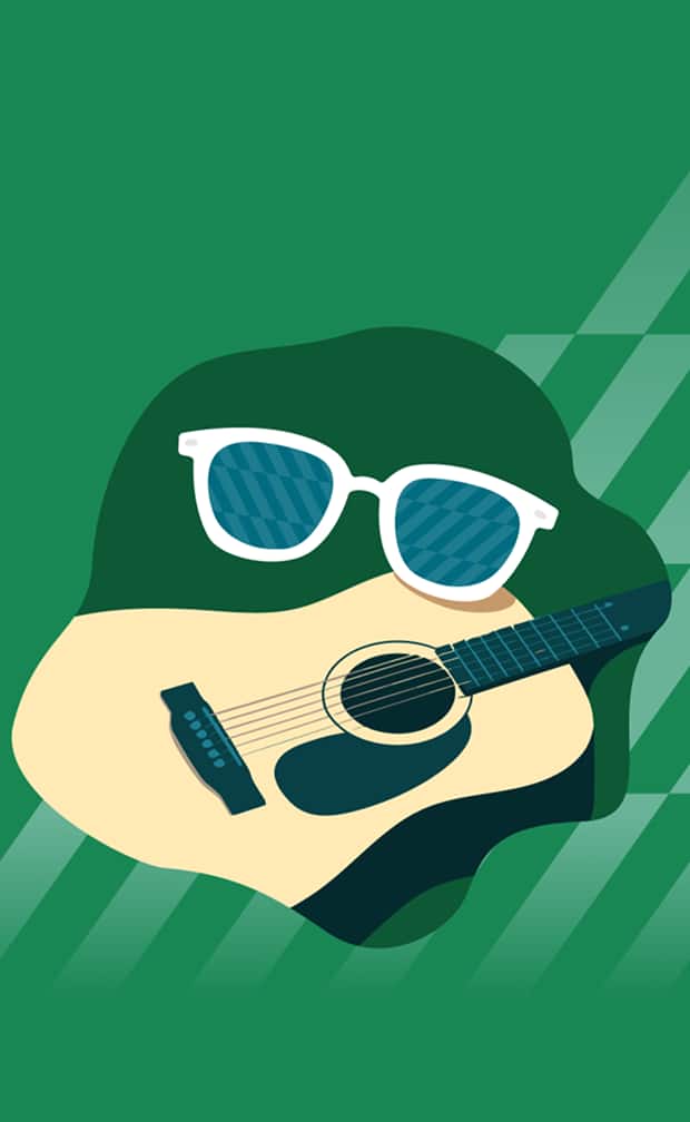 Minimalist cartoon illustration of white sunglasses resting on an acoustic guitar body within a dark green blob, set against a medium green background with abstract diagonal grid lines.