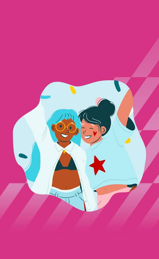 Cartoon illustration of two smiling friends hugging with confetti in a light blue blob, set against a vibrant magenta background featuring abstract diagonal grid lines.