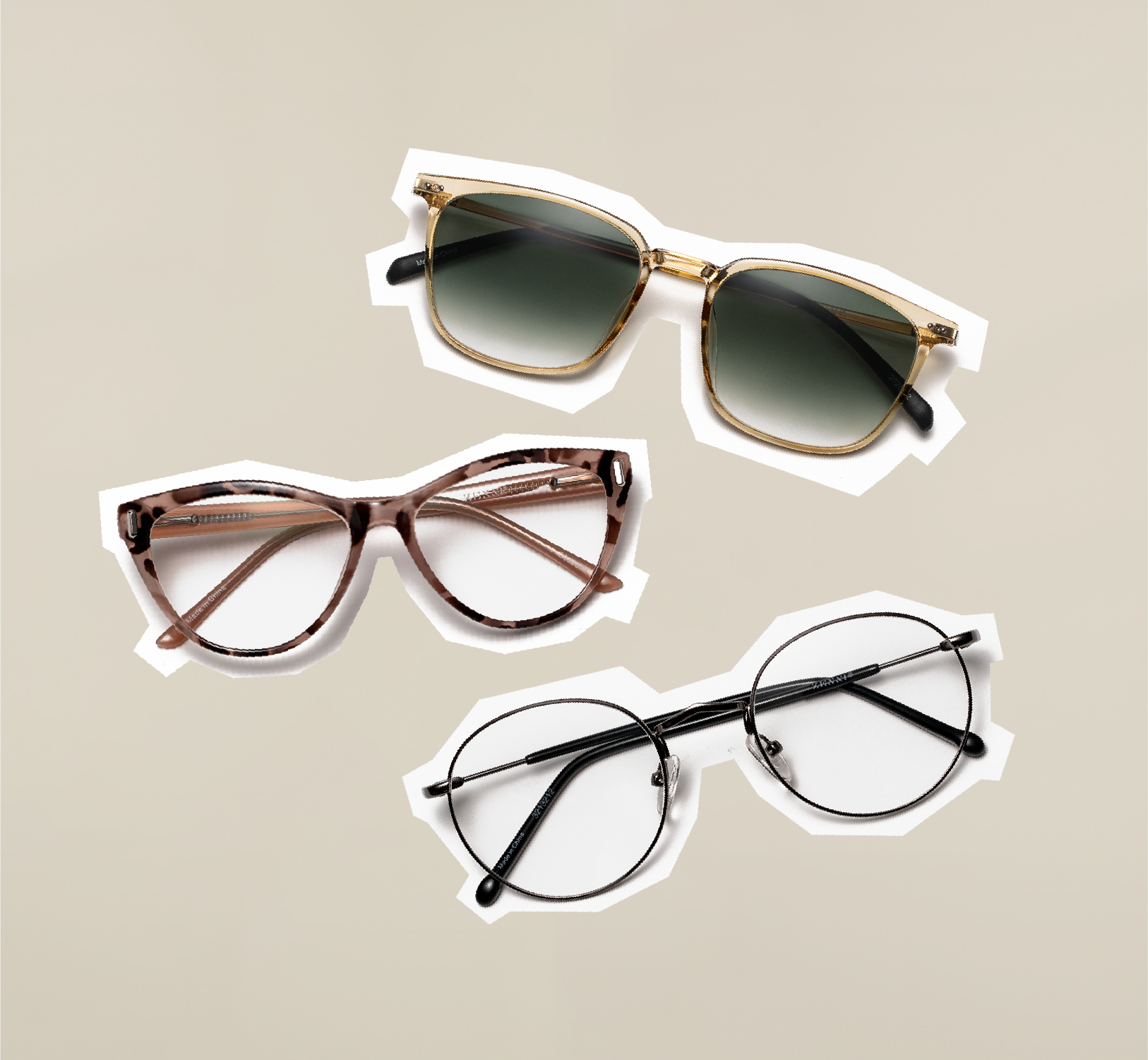 A lay-down display cutout of Zenni cateye glasses, round glasses, and square sunglasses.