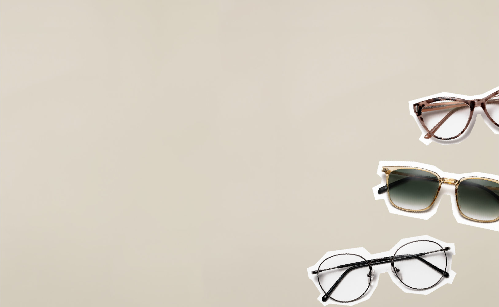 A lay-down display cutout of Zenni cateye glasses, round glasses, and square sunglasses.