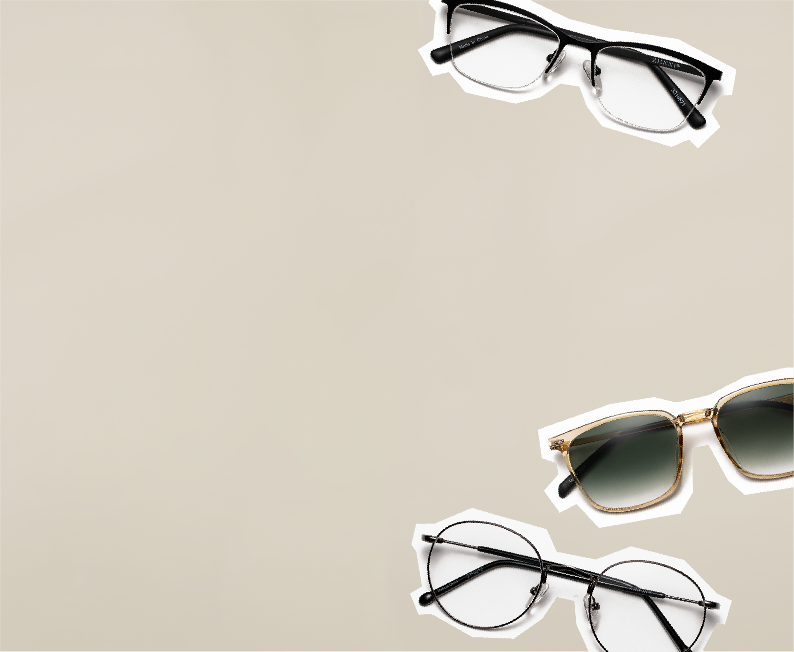 A lay-down display cutout of Zenni rectangle two-tone glasses, round glasses, and square sunglasses.