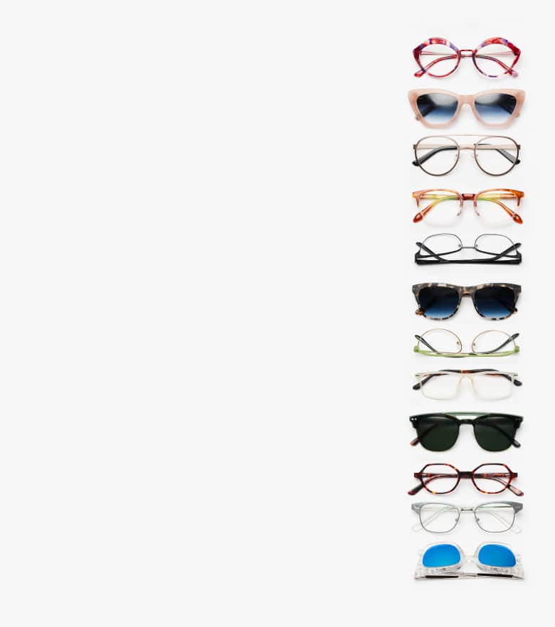 Light grey background with an assortment of different Zenni glasses and sunglasses.