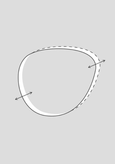 Sketch of a glasses lens with arrows on either side of it, highlighting the thinness of the lens.