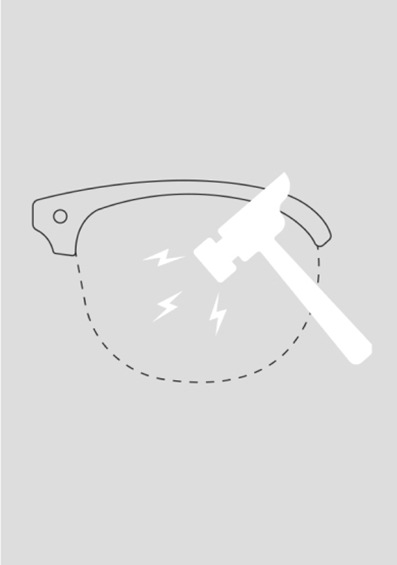 Sketch of a glasses lens being hit by a hammer, and not breaking.