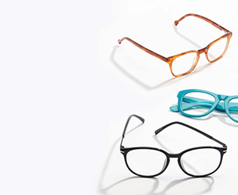 White background with 3 prescription glasses: orange square glasses, blue rectangle glasses, and black round glasses.