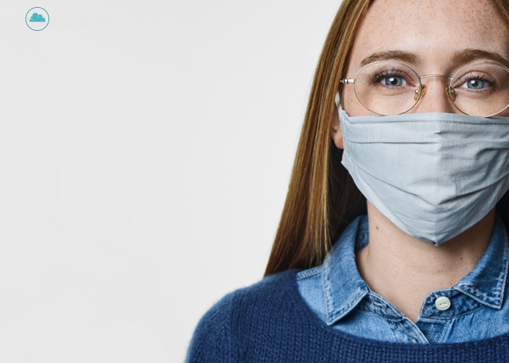 Image of an icon for a fog cloud. Image of a woman wearing face mask wearing round glasses.