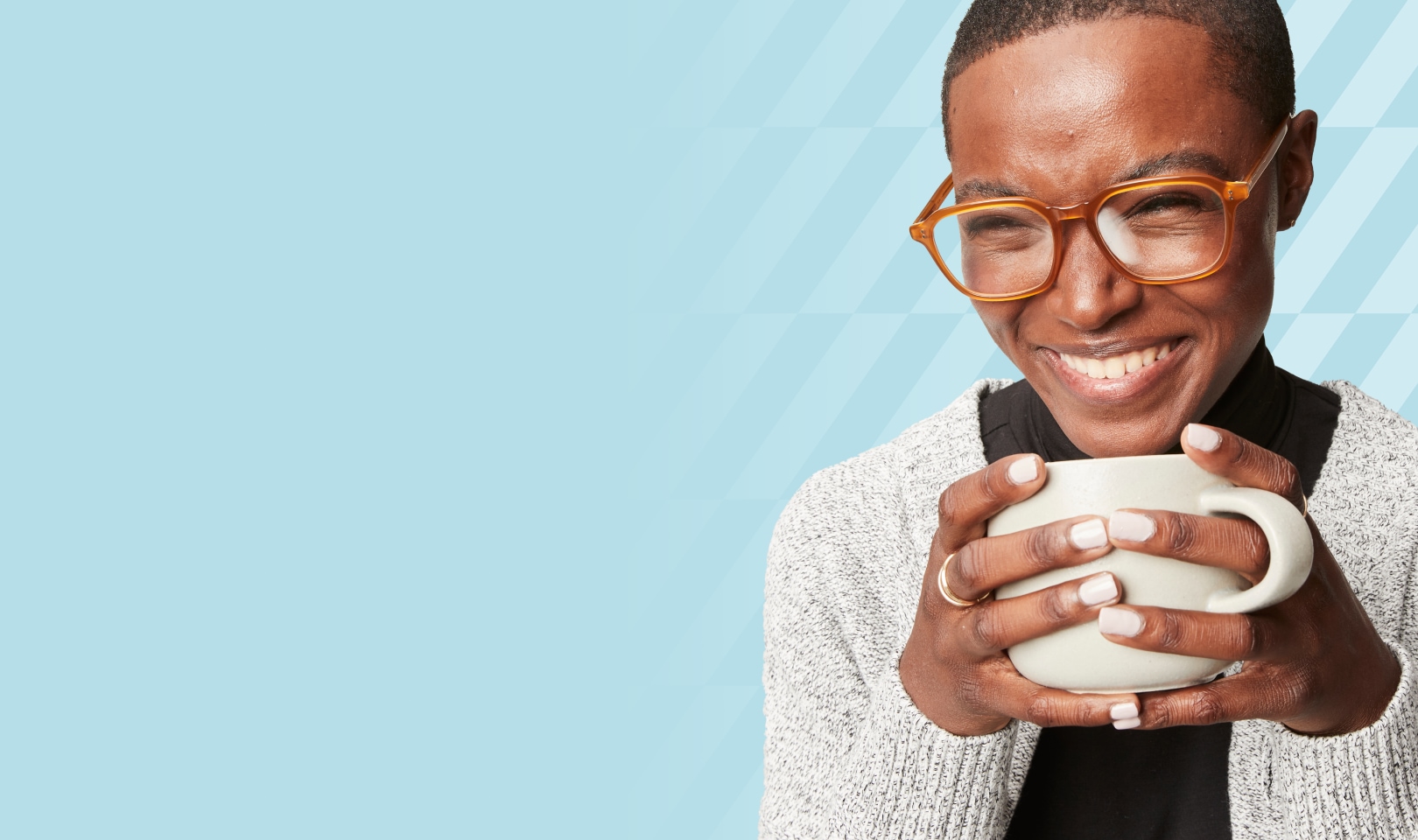Image of an icon for a fog cloud. Image of a woman wearing face mask wearing round glasses.